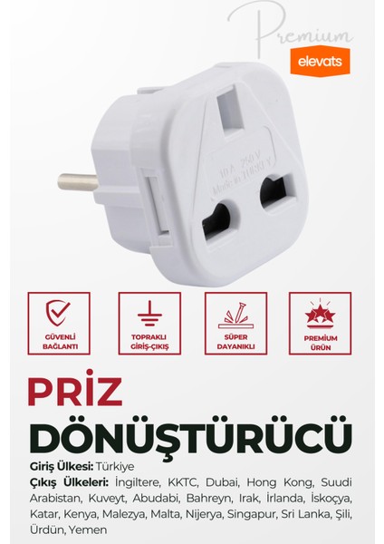 Premium Ingiliz Priz (Fiş) Çevirici Dönüştürücü Ingiliz Prizi Türk Prizine Çeviren Priz Dönüştürücü