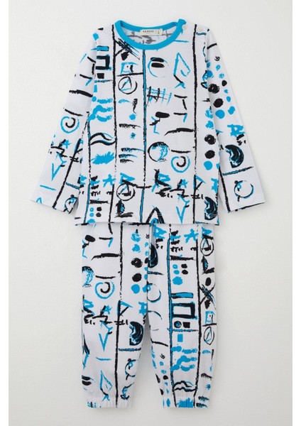 Erkek Çocuk Pijama Takımı Desenli Paçası ve Beli Lastikli 1-3 Yaş, Beyaz