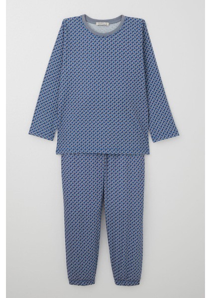 Erkek Çocuk Pijama Takımı Kare Desenli 4-8 Yaş, Mavi