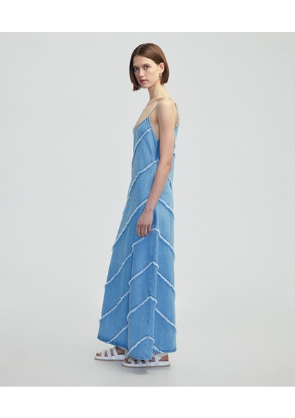 Diyagonal Püsküllü Denim Elbise IS1250002381629