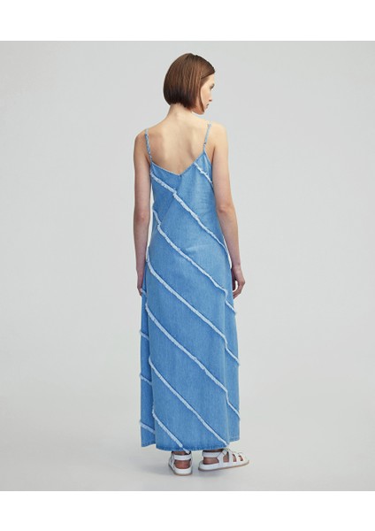 Diyagonal Püsküllü Denim Elbise IS1250002381629