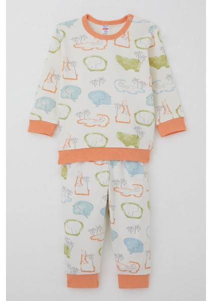 Erkek Bebek Pijama Takımı Omuzdan Patlı Safari Temalı Hayvancıklar Desenli 4 Ay-1 Yaş, Ekru