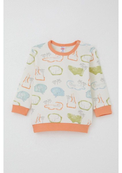 Erkek Bebek Pijama Takımı Omuzdan Patlı Safari Temalı Hayvancıklar Desenli 4 Ay-1 Yaş, Ekru