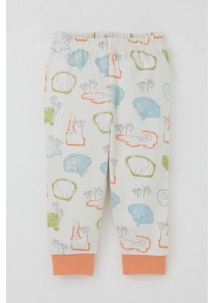 Erkek Bebek Pijama Takımı Omuzdan Patlı Safari Temalı Hayvancıklar Desenli 4 Ay-1 Yaş, Ekru