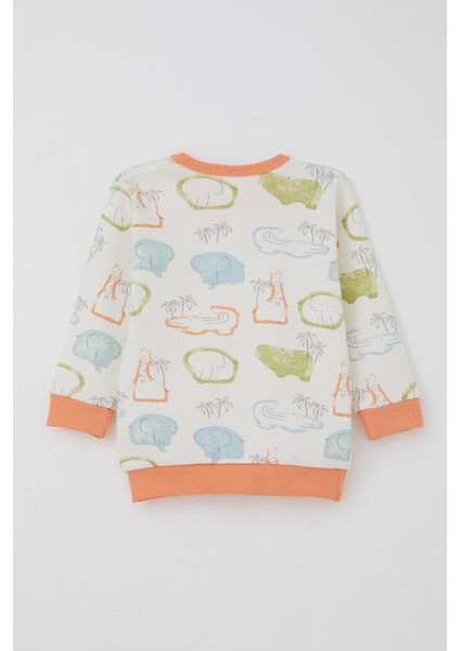 Erkek Bebek Pijama Takımı Omuzdan Patlı Safari Temalı Hayvancıklar Desenli 4 Ay-1 Yaş, Ekru