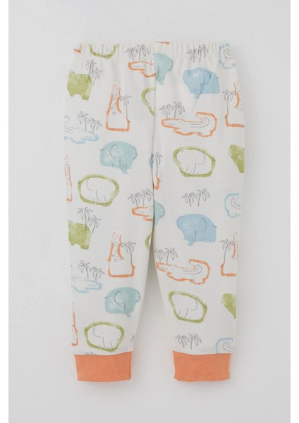 Erkek Bebek Pijama Takımı Omuzdan Patlı Safari Temalı Hayvancıklar Desenli 4 Ay-1 Yaş, Ekru