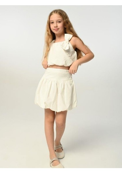 Kız Çocuk Askılı Bluz Etekli Kurdale Detaylı Takım