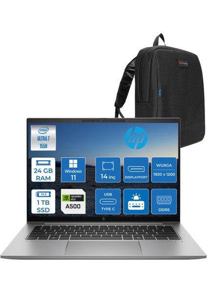 Zbook Firefly G11 Ultra 7 155H Ddr5 24GB 1tb SSD Quadro Rtx A500 4gb 14'' Wuxga IPS 300NITS Windows 11 Pro Taşınabilir Bilgisayar 5G419ESP06 + Zetta Çanta