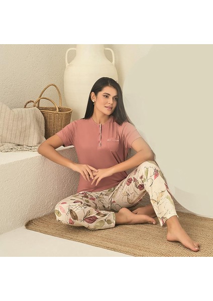 3530 Kadın Yazlık Kısa Kol Uzun Alt Büyük Beden Pijama Takım