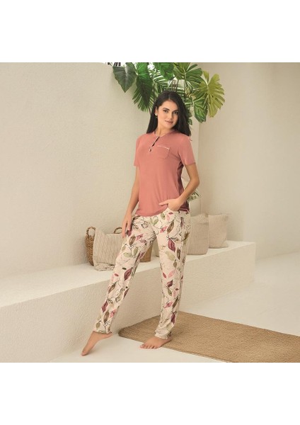 3530 Kadın Yazlık Kısa Kol Uzun Alt Büyük Beden Pijama Takım