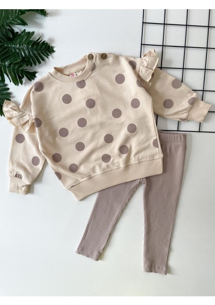 Minicixbebe Puantiyeli Bej Rengi Fırfırlı Kız Bebek 2'li Takım