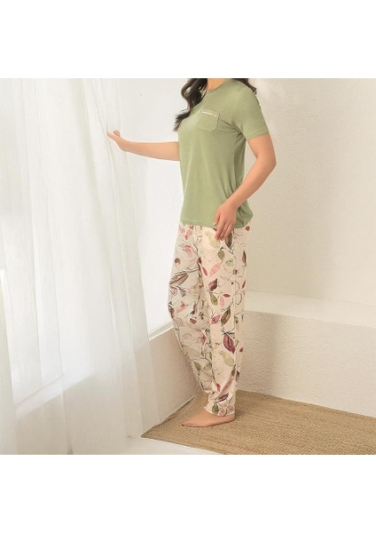 3530 Kadın Yazlık Kısa Kol Uzun Alt Büyük Beden Pijama Takım