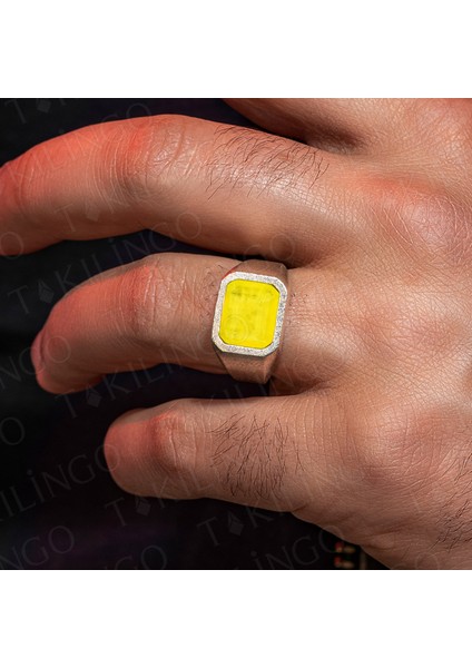 925 Ayar Gümüş Sarı Paraiba Taşlı Sade Erkek Yüzük