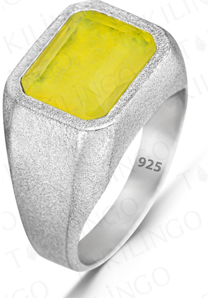 925 Ayar Gümüş Sarı Paraiba Taşlı Sade Erkek Yüzük fiyatları