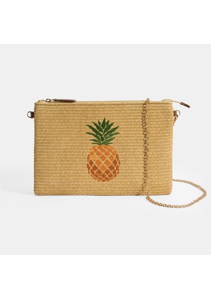 Kadın Taba Ananas Nakışlı Hasır Clutch
