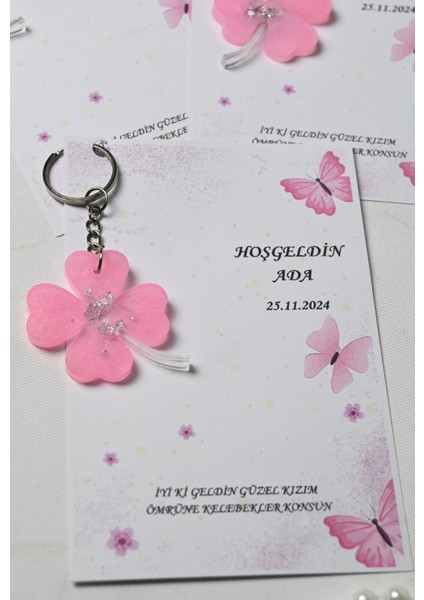 Pembe Kartlı Yonca Epoksi Anahtarlık Nişan, Kına, Mevlit, Sünnet, Yenidoğan Hediyelik - 20 Adet
