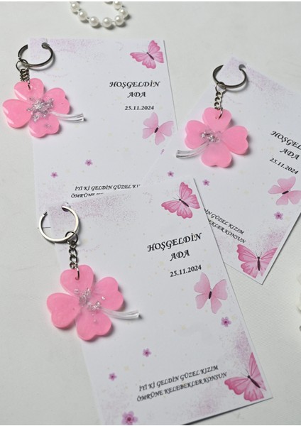Pembe Kartlı Yonca Epoksi Anahtarlık Nişan, Kına, Mevlit, Sünnet, Yenidoğan Hediyelik - 20 Adet