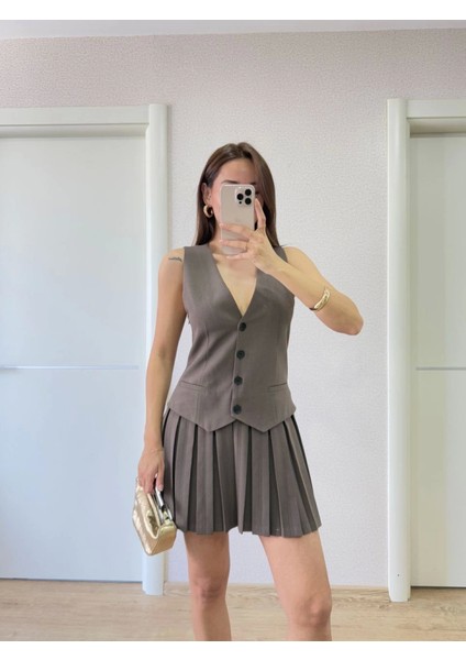 Takım Görünümlu Yelekli Mini Elbise- Füme