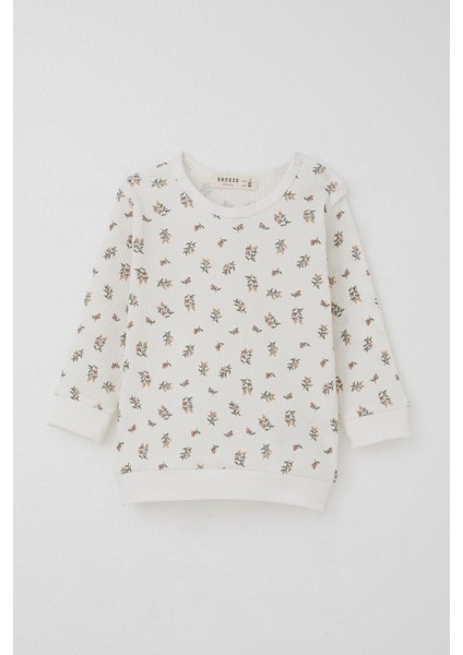 Kız Bebek Pijama Takımı Omuzdan Patlı Çiçek Desenli 4 Ay-1 Yaş, Ekru