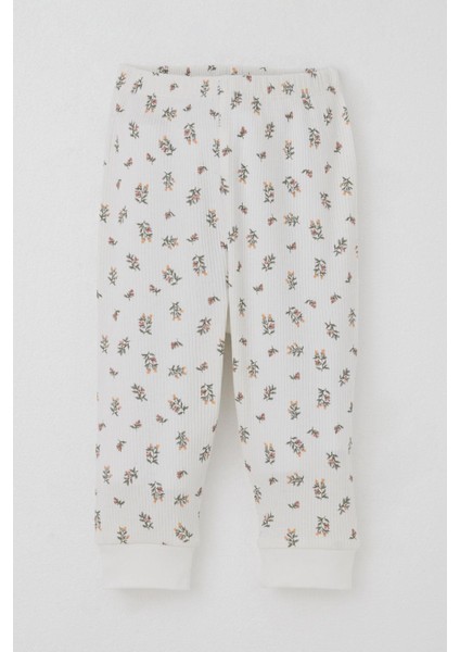 Kız Bebek Pijama Takımı Omuzdan Patlı Çiçek Desenli 4 Ay-1 Yaş, Ekru