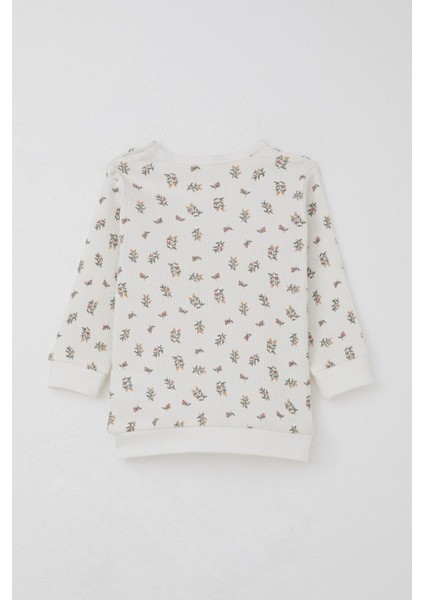 Kız Bebek Pijama Takımı Omuzdan Patlı Çiçek Desenli 4 Ay-1 Yaş, Ekru