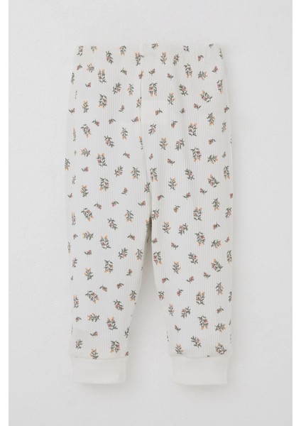 Kız Bebek Pijama Takımı Omuzdan Patlı Çiçek Desenli 4 Ay-1 Yaş, Ekru