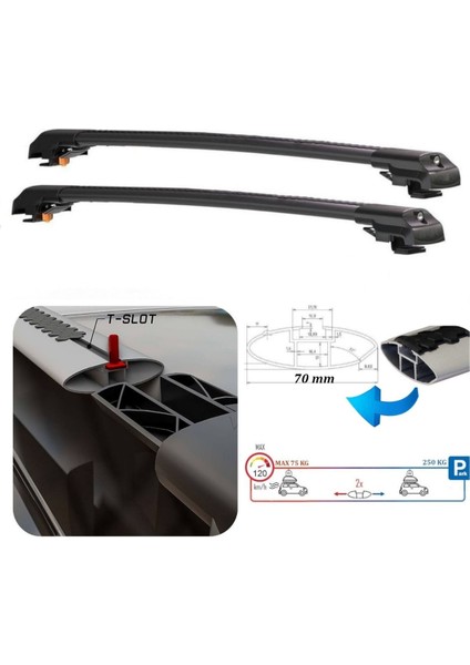 Dacia Sandero Stepway (2012-2020) için Araca Özel Kilitlenebilir Ara Atkı / Portbagaj Taşıma Barları 2 Adet Set (Siyah)
