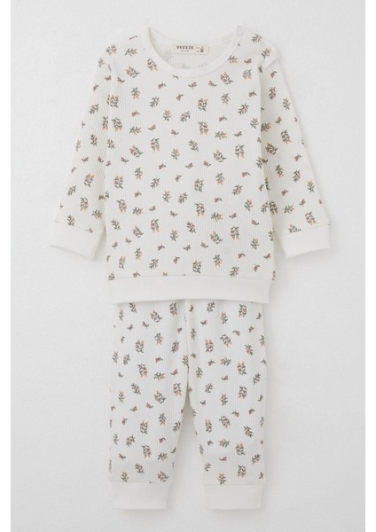 Kız Bebek Pijama Takımı Omuzdan Patlı Çiçek Desenli 4 Ay-1 Yaş, Ekru