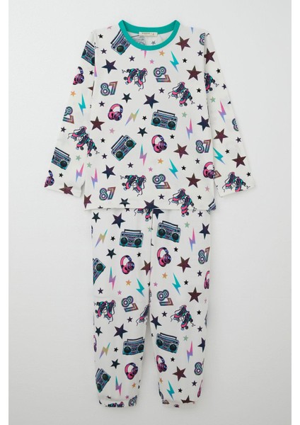 Kız Çocuk Pijama Takımı Müzik Temalı Yıldız Desenli 4-8 Yaş, Ekru