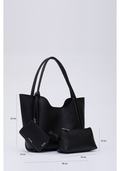 Siyah SHK108 Çıtçıtlı Suni Deri Cüzdanlı Makyaj Çantalı Kadın El ve Omuz Çantası U:25 E:38 G:15 cm fiyatları