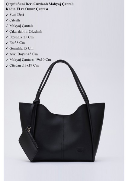 Siyah SHK108 Çıtçıtlı Suni Deri Cüzdanlı Makyaj Çantalı Kadın El ve Omuz Çantası U:25 E:38 G:15 cm modelleri