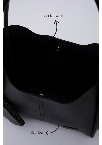 Siyah SHK108 Çıtçıtlı Suni Deri Cüzdanlı Makyaj Çantalı Kadın El ve Omuz Çantası U:25 E:38 G:15 cm