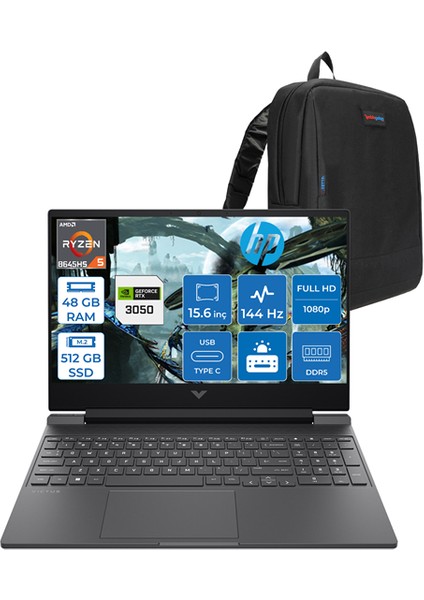 Victus Amd Ryzen 5 8645HS 48GB Ddr5 512GB SSD 6GB/RTX3050/75W 15.6inç Fhd 144Hz IPS Freedos Gaming Bilgisayar 15FB3705F13 + Zettaçanta