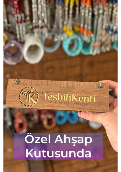 Ahşap Kutulu Sürmeli Tasarım Toz Kehribar Tesbih