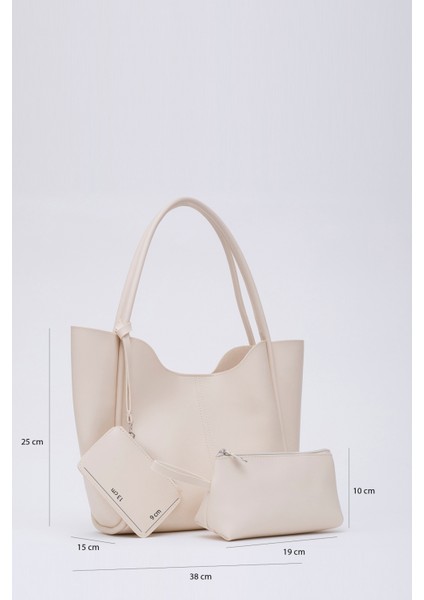 Krem SHK108 Çıtçıtlı Suni Deri Cüzdanlı Makyaj Çantalı Kadın El ve Omuz Çantası U:25 E:38 G:15 cm fiyatları
