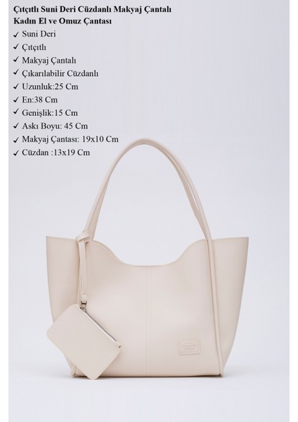 Krem SHK108 Çıtçıtlı Suni Deri Cüzdanlı Makyaj Çantalı Kadın El ve Omuz Çantası U:25 E:38 G:15 cm modelleri