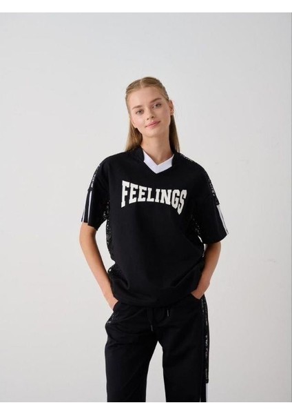 Kız Çocuk Feelings Baskılı Tshirt Pantolon Tasarım Takım