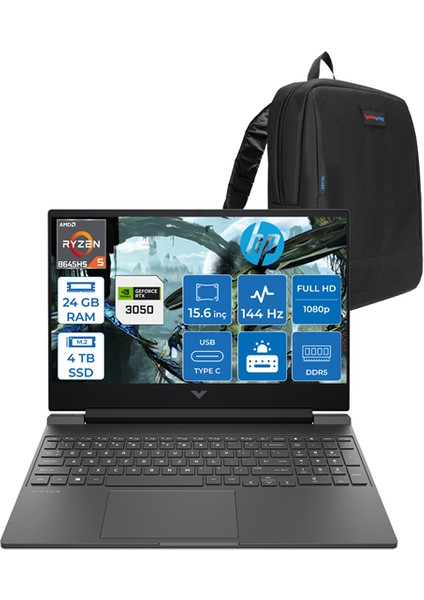Victus Amd Ryzen 5 8645HS 24GB Ddr5 4tb SSD 6GB/RTX3050/75W 15.6inç Fhd 144Hz IPS Freedos Gaming Bilgisayar 15FB3705F08 + Zettaçanta