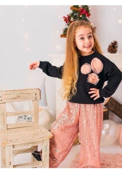 Kız Çocuk Sweati Gül Detaylı Pul Payet Pantolonlu Takım