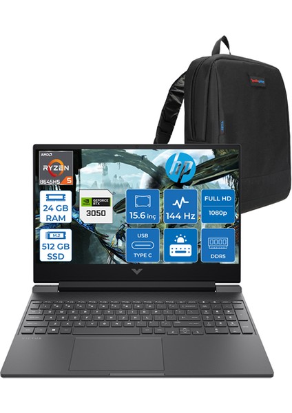 Victus Amd Ryzen 5 8645HS 24GB Ddr5 512GB SSD 6GB/RTX3050/75W 15.6inç Fhd 144Hz IPS WIN11HOME Gaming Bilgisayar 15FB3705H05 + Zettaçanta