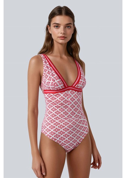 Desenli V Yaka Mayo Kırmızı