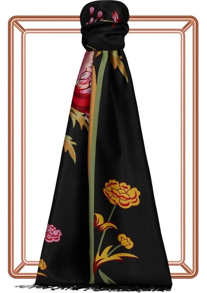 Ipekevi Amaryllis Desenli Ipek Şal 08023-SIYAH