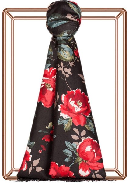 Ipekevi Asma Gül Desenli Ipek Şal 07166-SIYAH