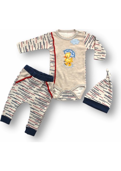 3-6 6-9 9-12 Ay Şemsiyeli Ördek Nakışlı Şapkalı Uzun Kollu Zıbınlı 3lü Kız-Erkek Bebek Takımı