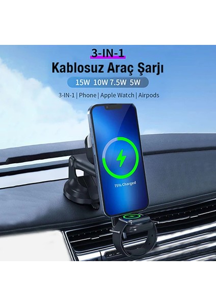 Wireless Şarjlı 3in1 Torpido Üstü ve Havalandırma Telefon, Kulaklık, Saat Tutucu (Siyah) fiyatları
