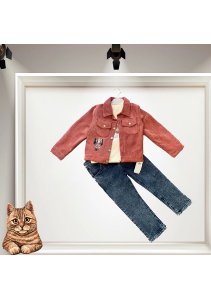 3-4-5 Yaş Fitilli Kadife Ceket Kot Pantolonlu 3lü Kız Erkek Çocuk Takımı