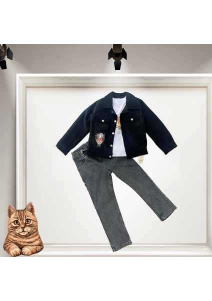 3-4-5 Yaş Fitilli Kadife Ceket Kot Pantolonlu 3lü Kız Erkek Çocuk Takımı