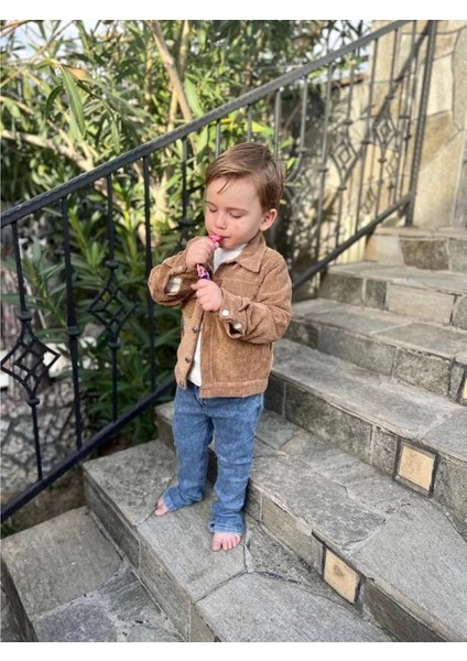 3-4-5 Yaş Fitilli Kadife Ceket Kot Pantolonlu 3lü Kız Erkek Çocuk Takımı modelleri