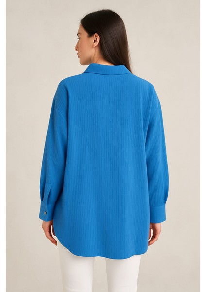 Gofre Kumaş Rahat Kesim Kadın Gömlek Mavi fiyatları