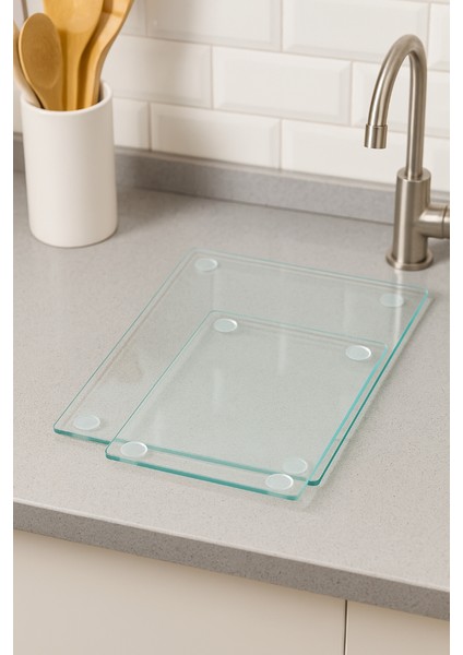 2'li Temperli Cam Kesme Tahtası 20X30 & 25X35 cm | Hijyenik Mutfak Doğrama Camı
